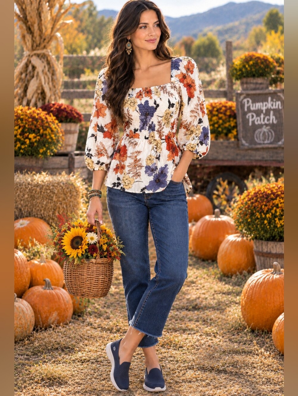 Hayden LA Floral Bobo Smocked Puff Sleeve Peplum Blouse Fall Color SZ: Small - Picture 4 of 12